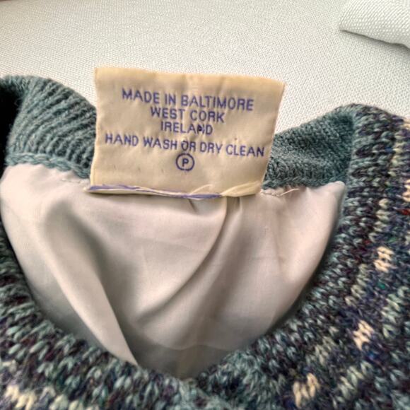 Bebhinn Marten Irish Wool Cardigan Sweater Green Blue Diamond Knit Made Ireland - Picture 5 of 13